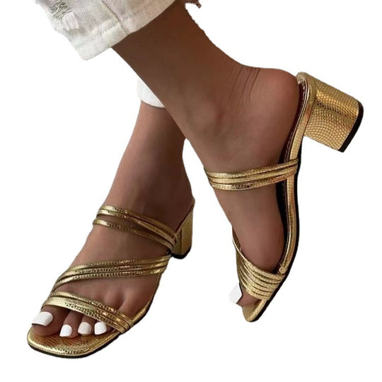 Damen nan elegante Mehrfachriemen-Mule mit mittelhohem Blockabsatz und Schlangenprägung R&B