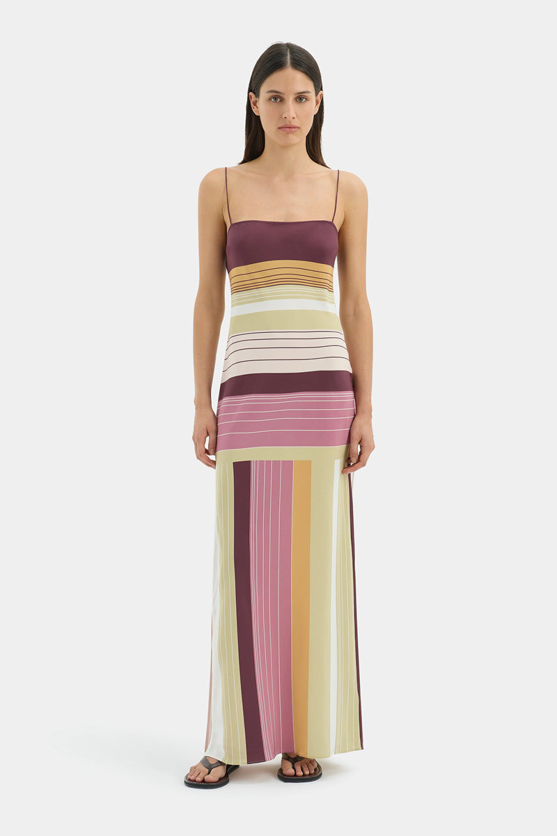 Damen nan figurbetontes Maxikleid mit Spaghettiträgern, geradem Ausschnitt, Paneelstreifen und seitlichem Schlitz R&B