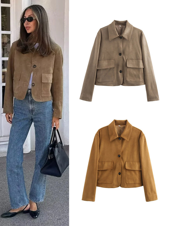 Damen modische Kurzjacke aus hochwertigem Wildlederimitat mit praktischen Taschen R&B