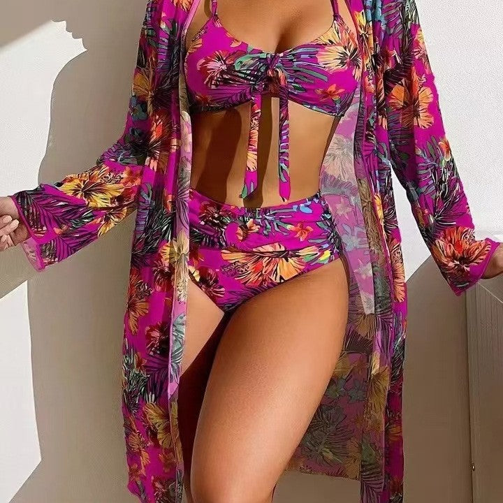 Damen Bikini-Set mit floralen Mustern und luftiger Kimono-Überjacke R&B