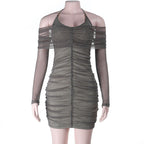 Damen figurbetontes Minikleid mit transparenten Ärmeln und Rüschendetails R&B