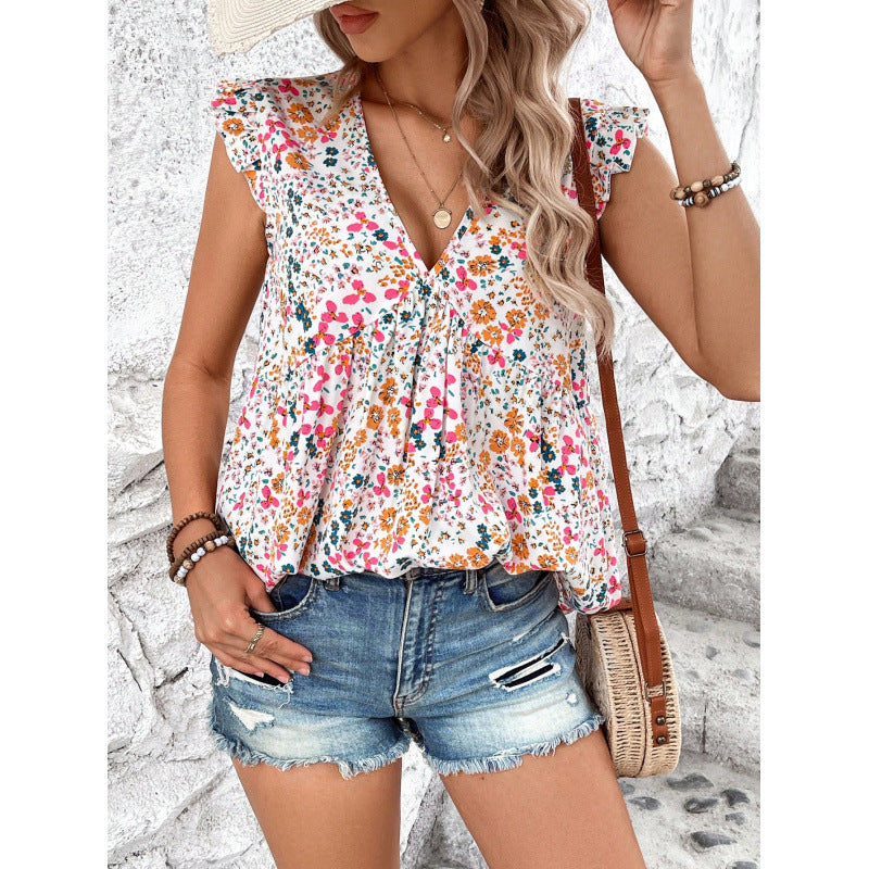 Damen Blusenshirt mit floralem Design und V-Ausschnitt R&B