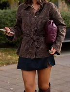 Damen Leinenhemdjacke mit tailliertem Schnitt und Gürtel R&B