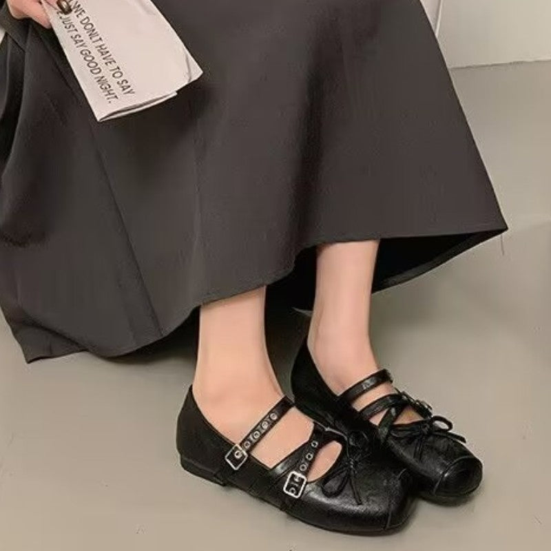 Damen Ballerina-Schuhe mit dekorativen Doppelschnallen und modischen Schleifen R&B