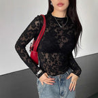 Damen nan eng anliegendes Spitzen-Langarmshirt mit floraler Ajour-Spitze, leicht transparent und Stehkragen R&B