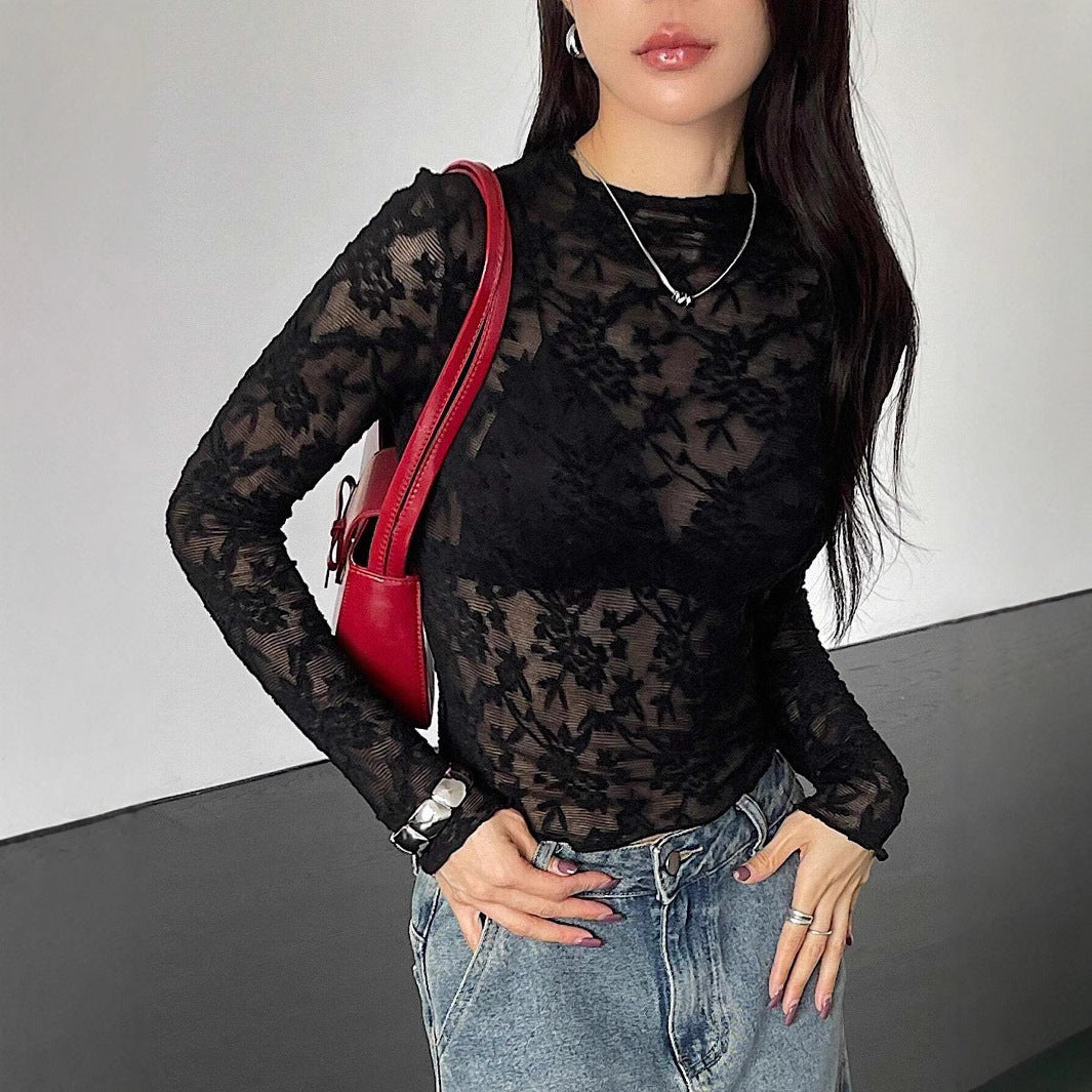 Damen nan eng anliegendes Spitzen-Langarmshirt mit floraler Ajour-Spitze, leicht transparent und Stehkragen R&B