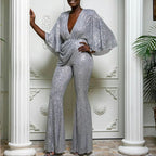Damen Glamouröser Jumpsuit mit funkelnden Pailletten und weitem Bein R&B