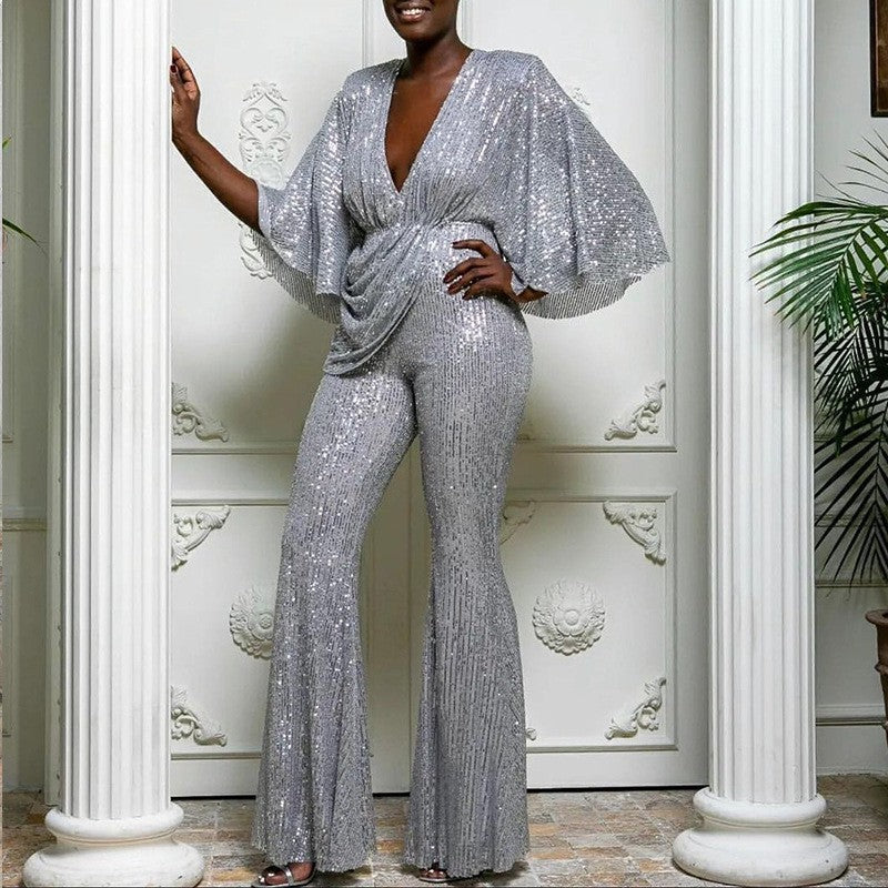 Damen Glamouröser Jumpsuit mit funkelnden Pailletten und weitem Bein R&B