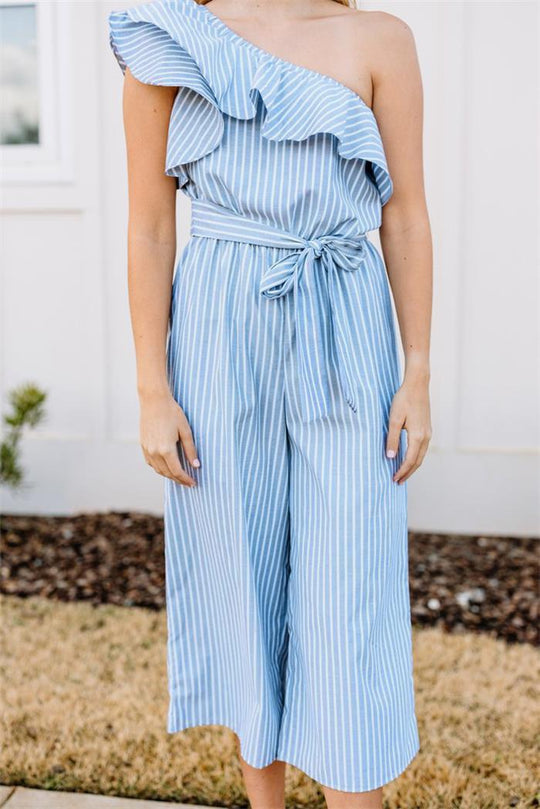 Damen Wickel-Jumpsuit mit asymmetrischem Träger und voluminösen Rüschen R&B