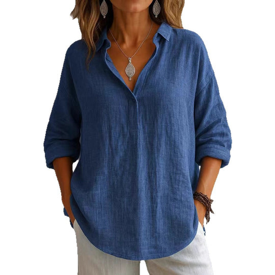 Damen lässige Bluse mit V-Ausschnitt und geknöpftem Kragen R&B