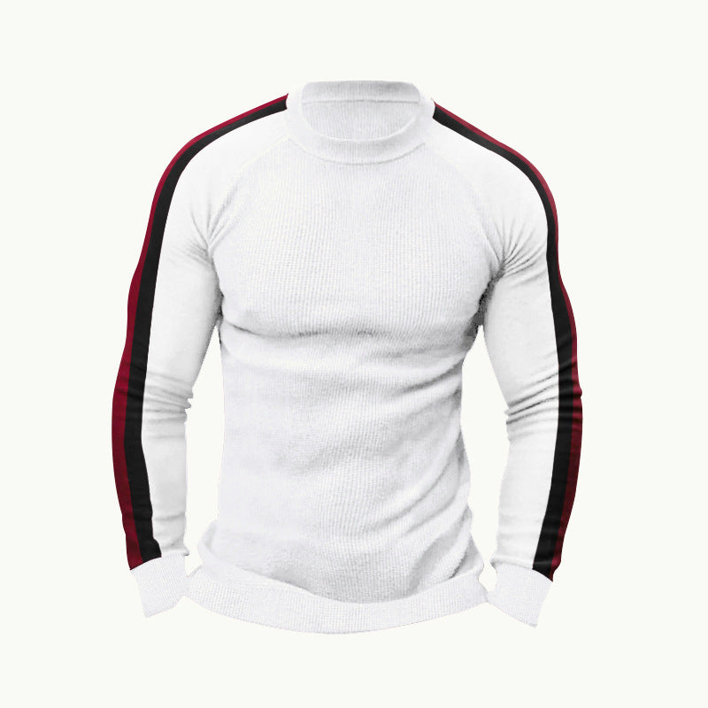 Herren sportlicher Strickpullover mit kontrastierenden Ärmeln und hohem Kragen R&B
