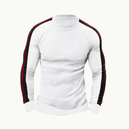 Herren sportlicher Strickpullover mit kontrastierenden Ärmeln und hohem Kragen R&B