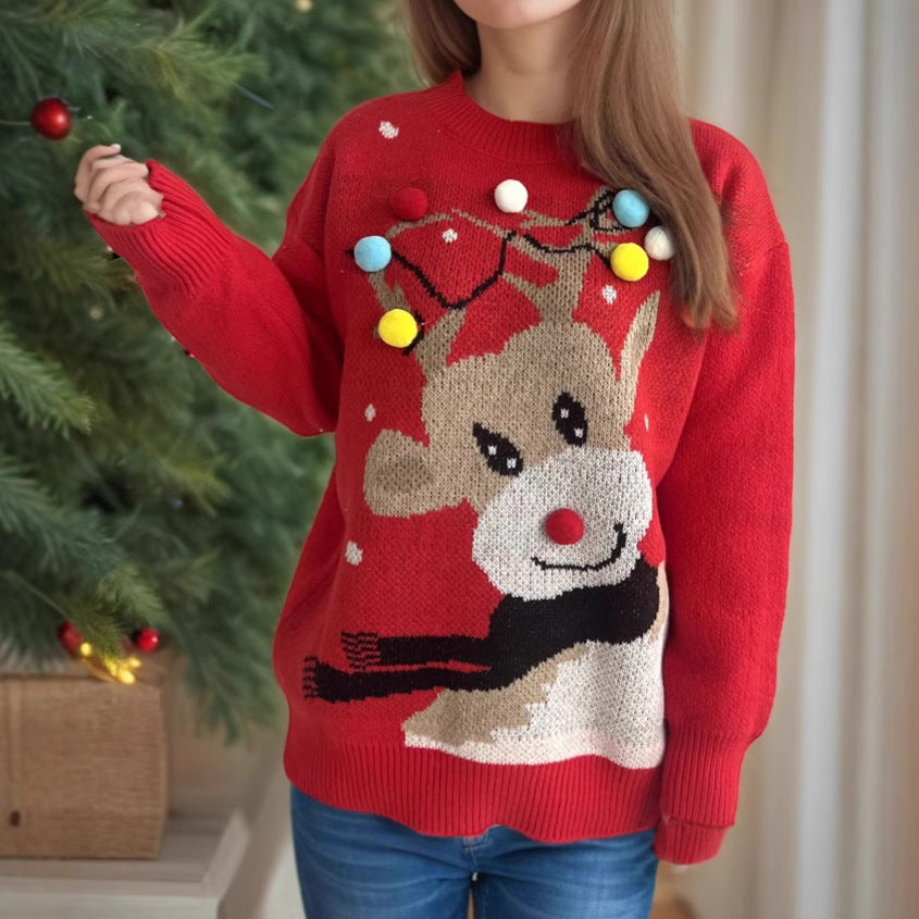Damen weihnachtlicher Pullover mit einzigartigem Rentiermotiv und bunten Applikationen R&B