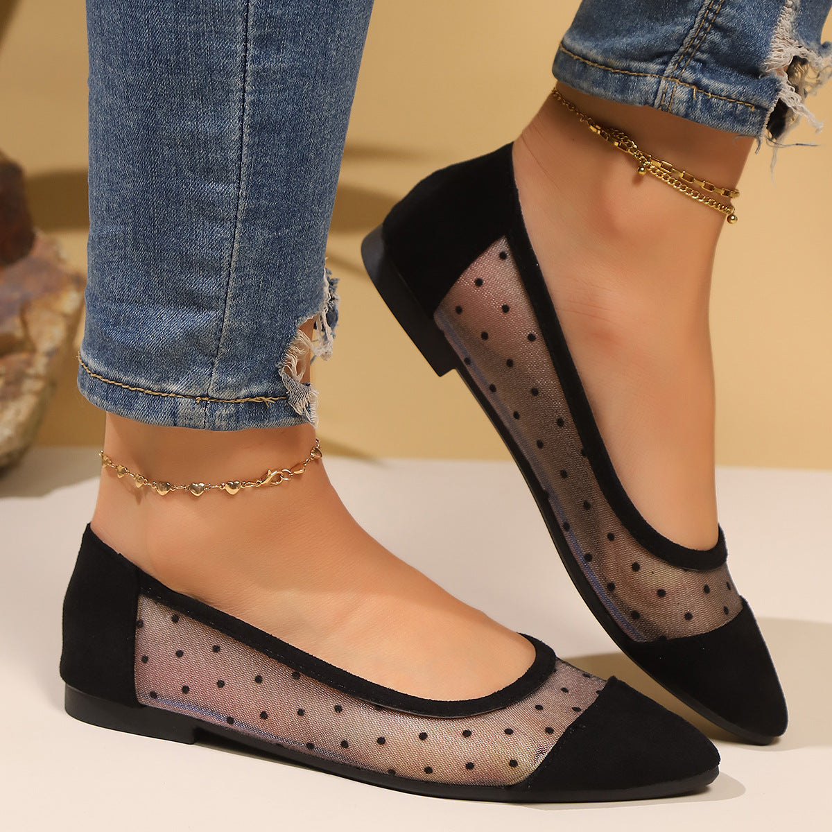 Damen elegante spitze Ballerinas aus Netzstoff mit Punkten R&B