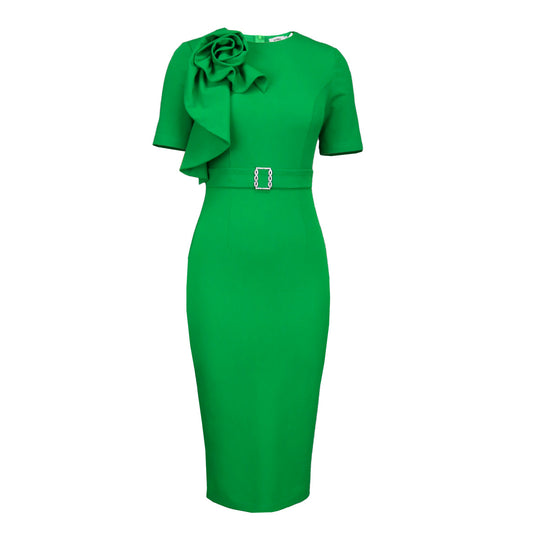 Damen figurbetontes Kleid mit floralem Rüschendetail und Taillengürtel R&B