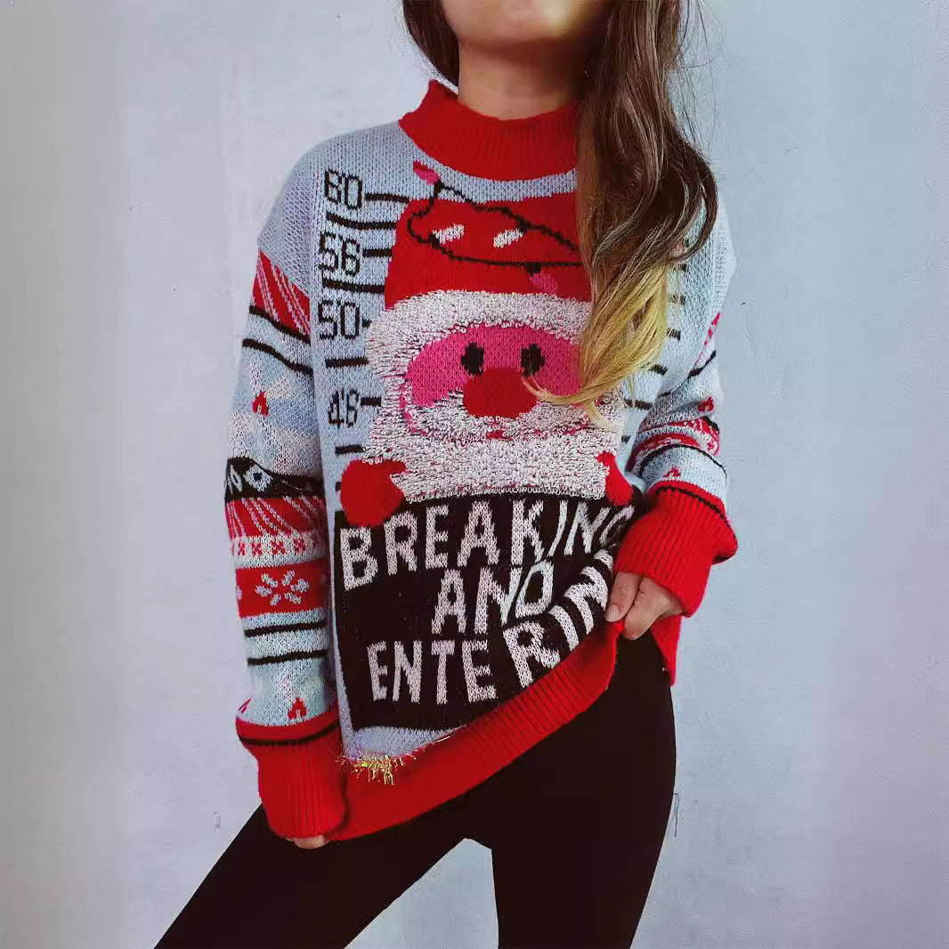 Damen Weihnachtspullover mit festlichem Santa-Motiv und glänzenden Akzenten R&B
