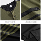 Herren nan modernes Langarm-Polo mit Henley-Blende gestreifter Brustpartie und Stehkragen R&B