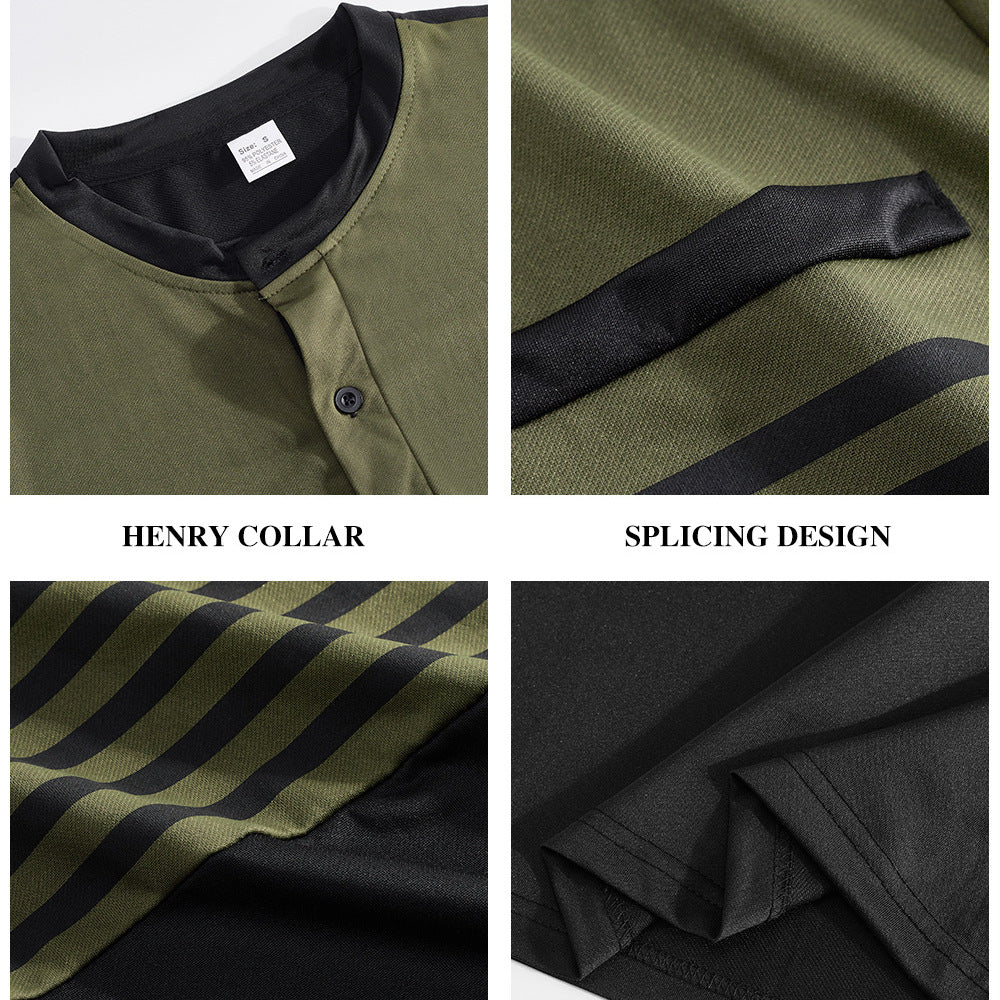 Herren nan modernes Langarm-Polo mit Henley-Blende gestreifter Brustpartie und Stehkragen R&B