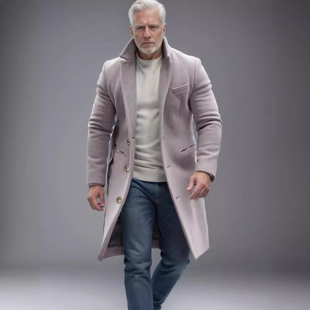 Herren eleganter langes Wollmantel mit schmalem Schnitt und goldenen Knöpfen R&B