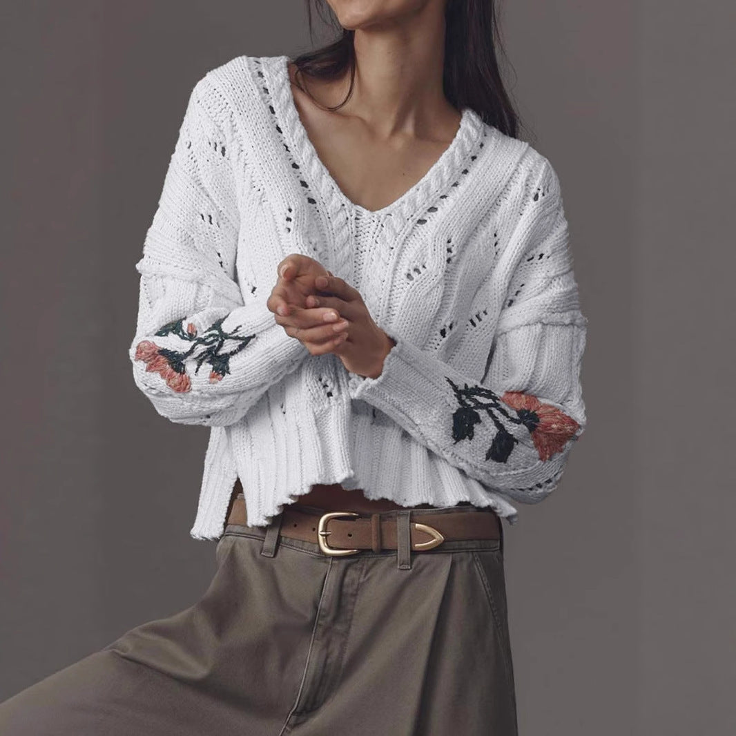 Damen Strickpullover mit floralem Design und V-Ausschnitt