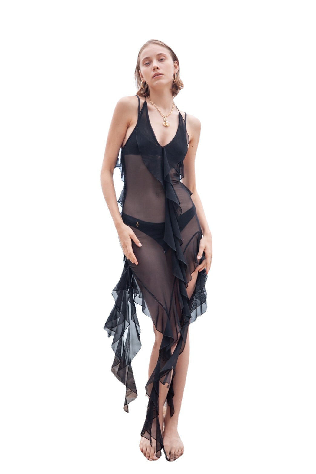 Damen luftiges Strandkleid mit Rüschendetails und spannender Transparenz R&B