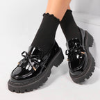 Damen modische Lacklederschuhe mit robustem Profilsohle und Schleifenakzent R&B