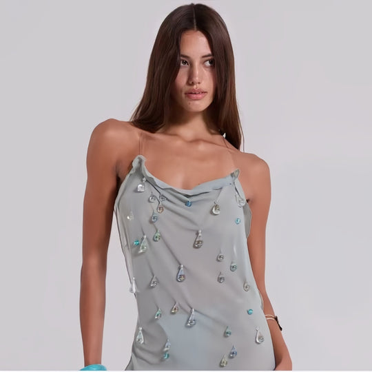 Damen Elegantes Minikleid mit raffiniertem Wasserfall-Ausschnitt und schimmernden Schmuckdetails R&B