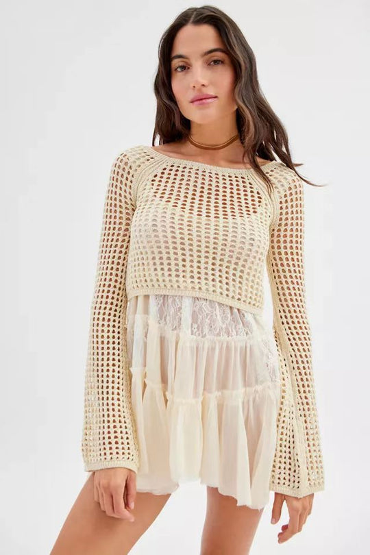 Damen gehäkeltes Crop-Top mit weiten Ärmeln und bunten Streifen R&B