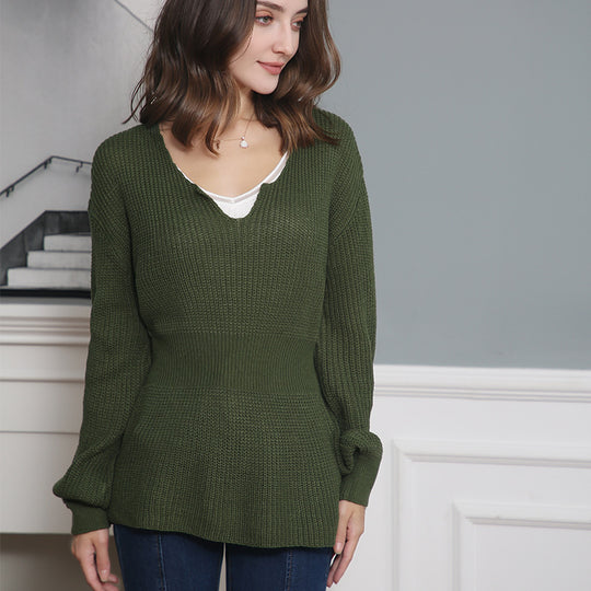 Damen Grobstrickpullover mit tiefem V-Ausschnitt und lässigem Schnitt R&B