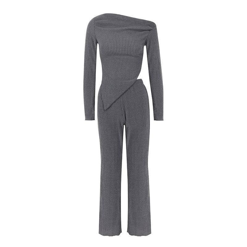 Damen figurbetontes Jumpsuit mit asymmetrischem Ausschnitt und langen Ärmeln R&B