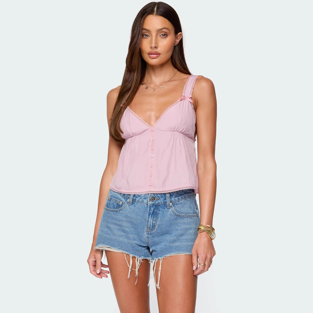 Damen Crop-Top aus feiner Baumwolle mit dekorativen Knopfdetails R&B