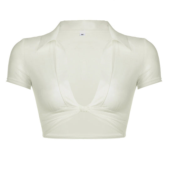 Damen Moderne cropped Bluse mit tiefem V-Ausschnitt und verspieltem Knoten R&B