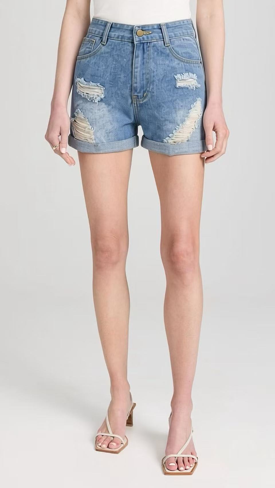 Damen Destroyed Denim-Shorts mit hohem Bund und stylischem Fransen-Look R&B