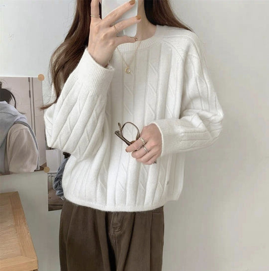 Damen Grob gestrickter Sweater mit Rundhalsausschnitt und lässiger Passform R&B