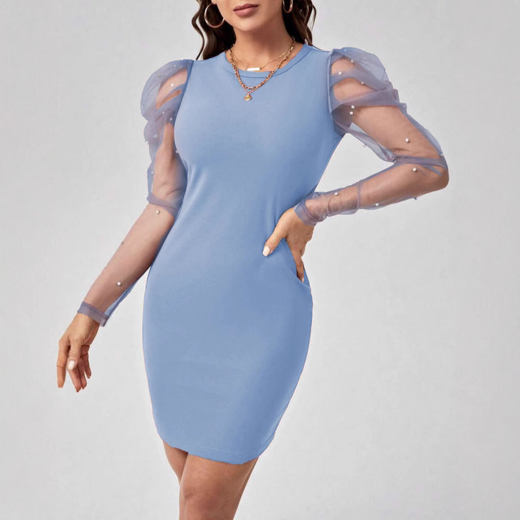 Damen Minikleid mit Tüllärmeln und Perlendetails