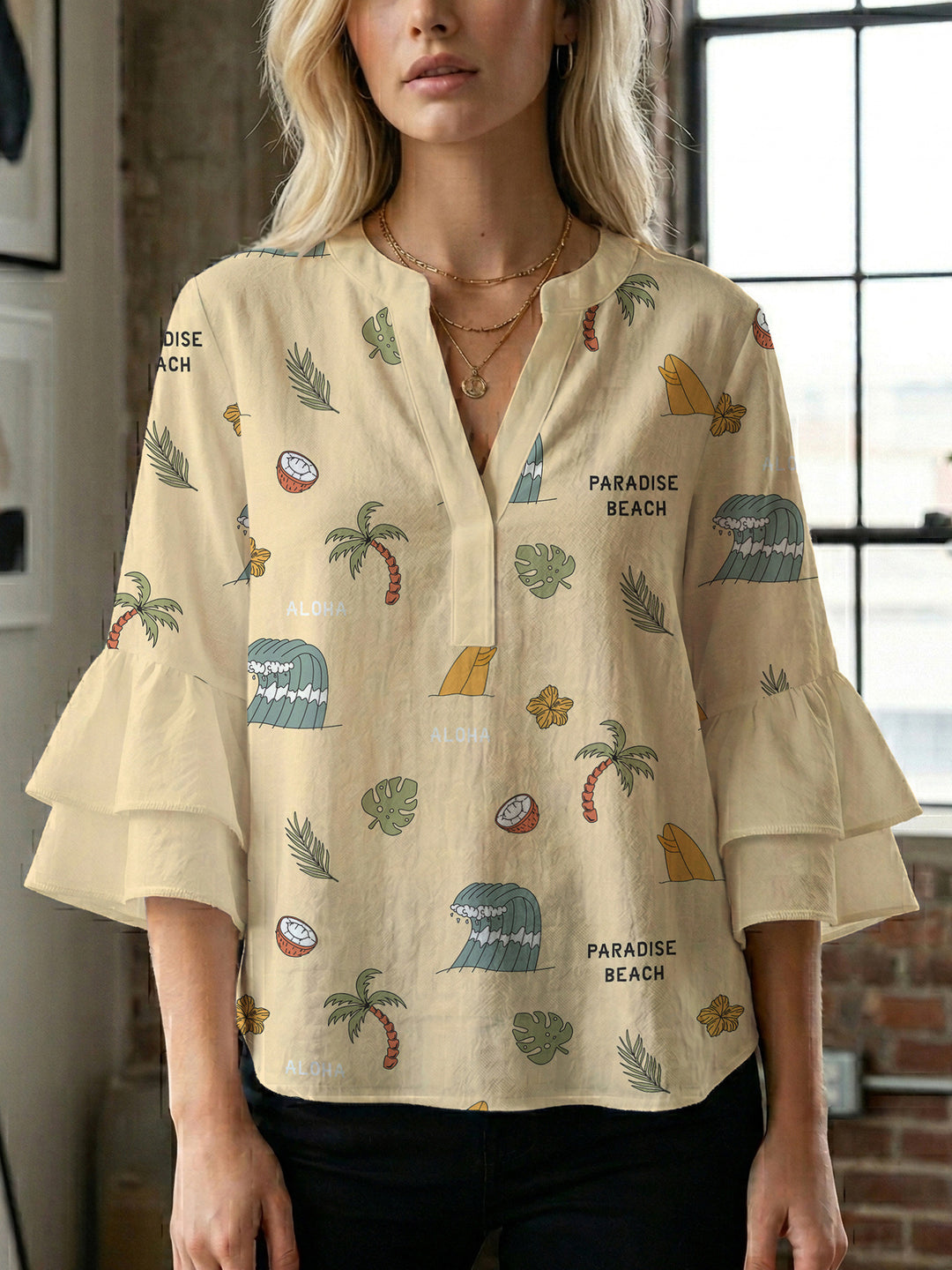 Damen Bluse mit voluminösen Rüschenärmeln und floralem Druck R&B
