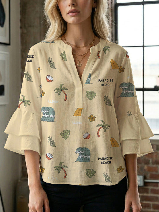Damen Bluse mit voluminösen Rüschenärmeln und floralem Druck R&B