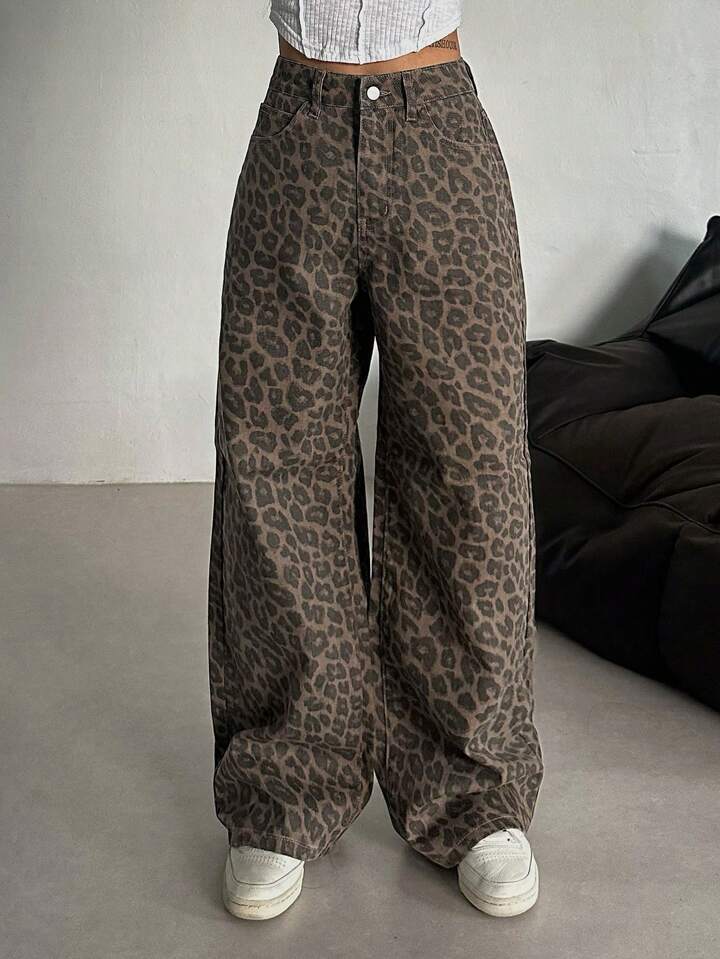 Damen Weit geschnittene Leoparden-Jeans im lässigen Stil R&B