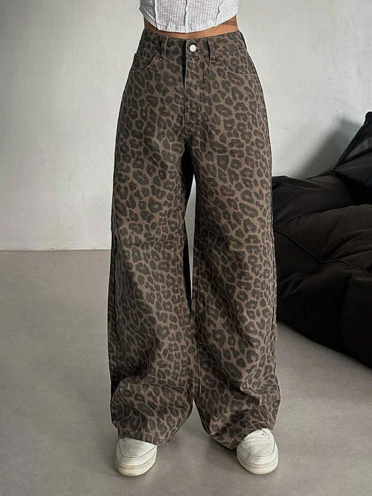 Damen Weit geschnittene Leoparden-Jeans im lässigen Stil R&B