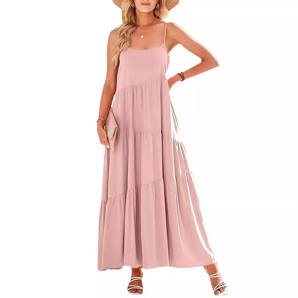 Damen luftiges Maxikleid mit Spaghetti-Trägern und stilvollem Layering R&B