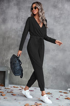 Damen Lässiger Langarm-Jumpsuit mit Wickeloberteil und elastischem Bund R&B
