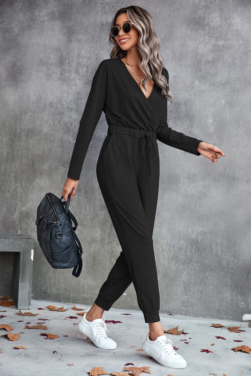 Damen Lässiger Langarm-Jumpsuit mit Wickeloberteil und elastischem Bund R&B