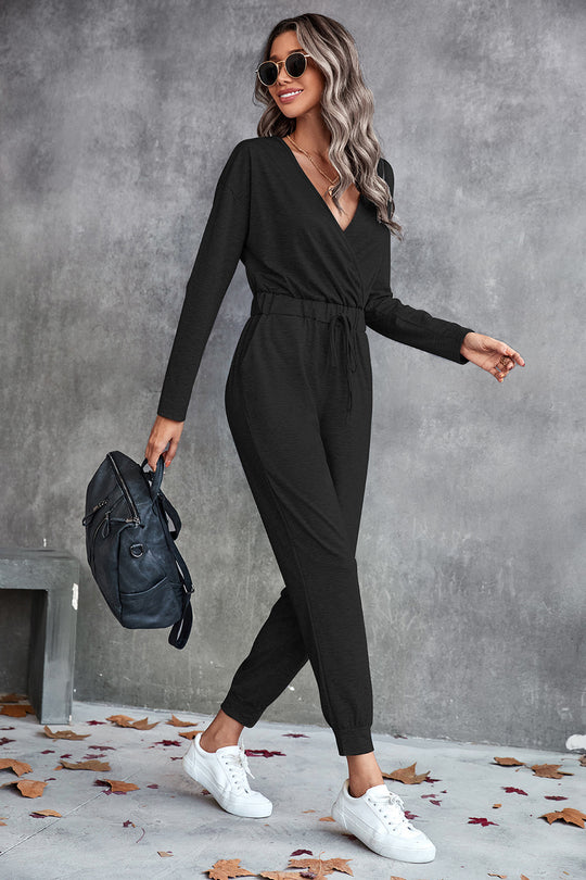 Damen Lässiger Langarm-Jumpsuit mit Wickeloberteil und elastischem Bund R&B