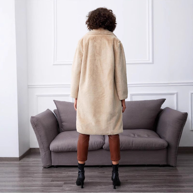 Damen Langer Kunstpelzmantel mit elegantem Reverskragen und praktischen Taschen R&B