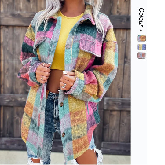 Damen Karo Oversize-Hemdjacke aus weichem Wollmaterial mit praktischen Taschen R&B