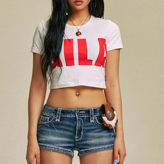 Damen Cropped T-Shirt mit auffälligem Grafikdruck R&B