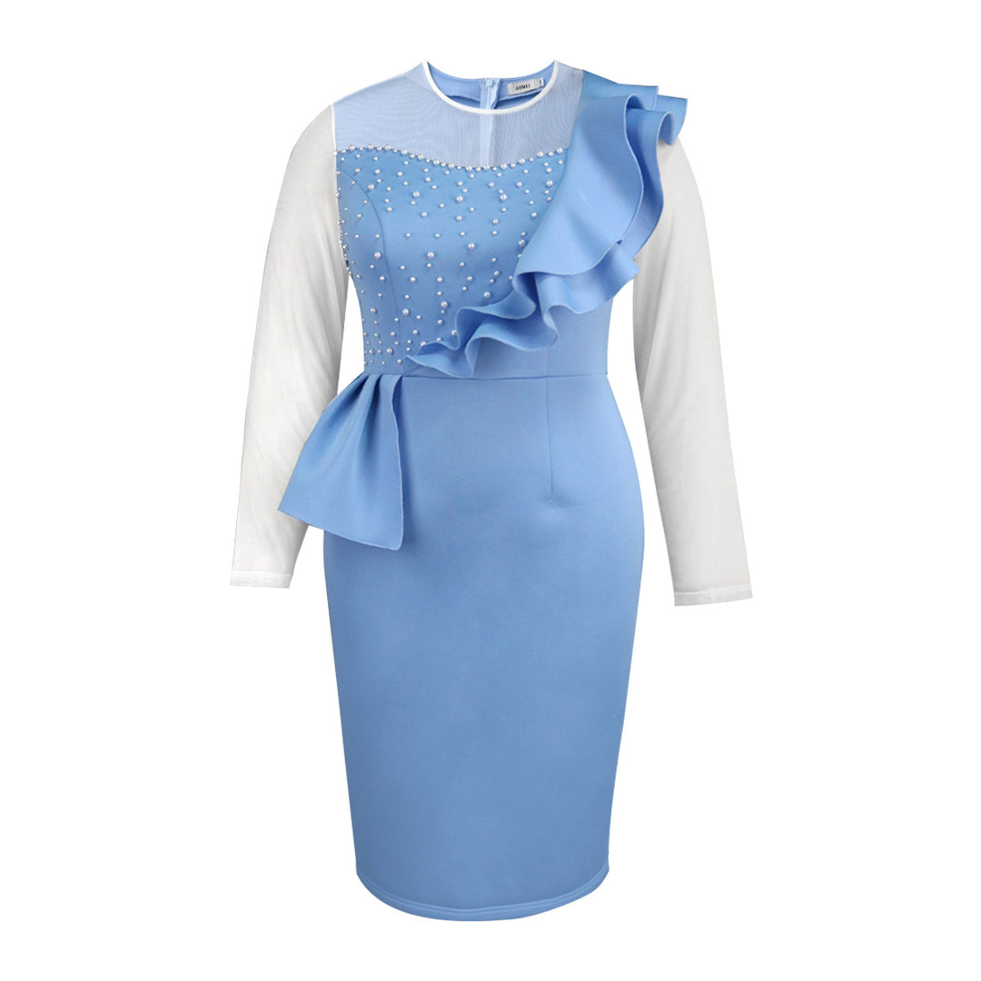 Damen figurbetontes Kleid mit Rüschendetails und Perlenakzenten R&B