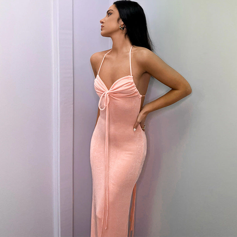 Damen Elegantes Maxikleid mit verstellbaren Spaghetti-Trägern und raffiniertem Kordelzug R&B