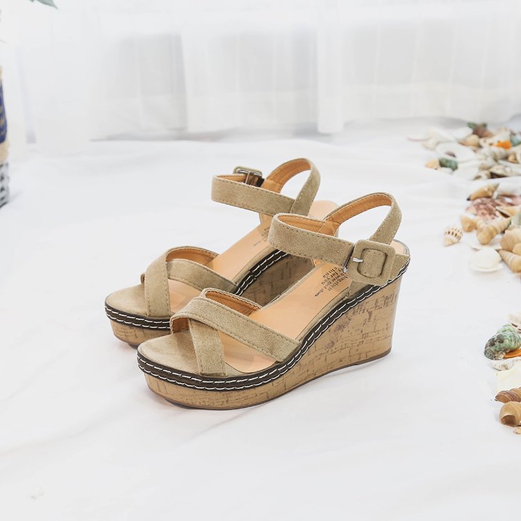 Damen nan Keilabsatz Sandalen mit Korkplateau verstellbarem Knöchelriemen aus Veloursleder R&B