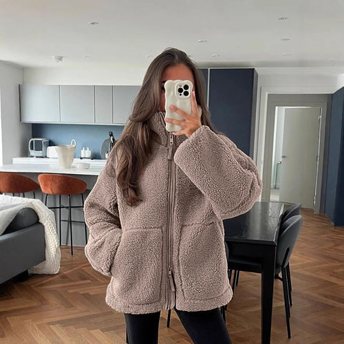 Damen kuschelige Fleecejacke mit hohen Kragen und großen Taschen R&B